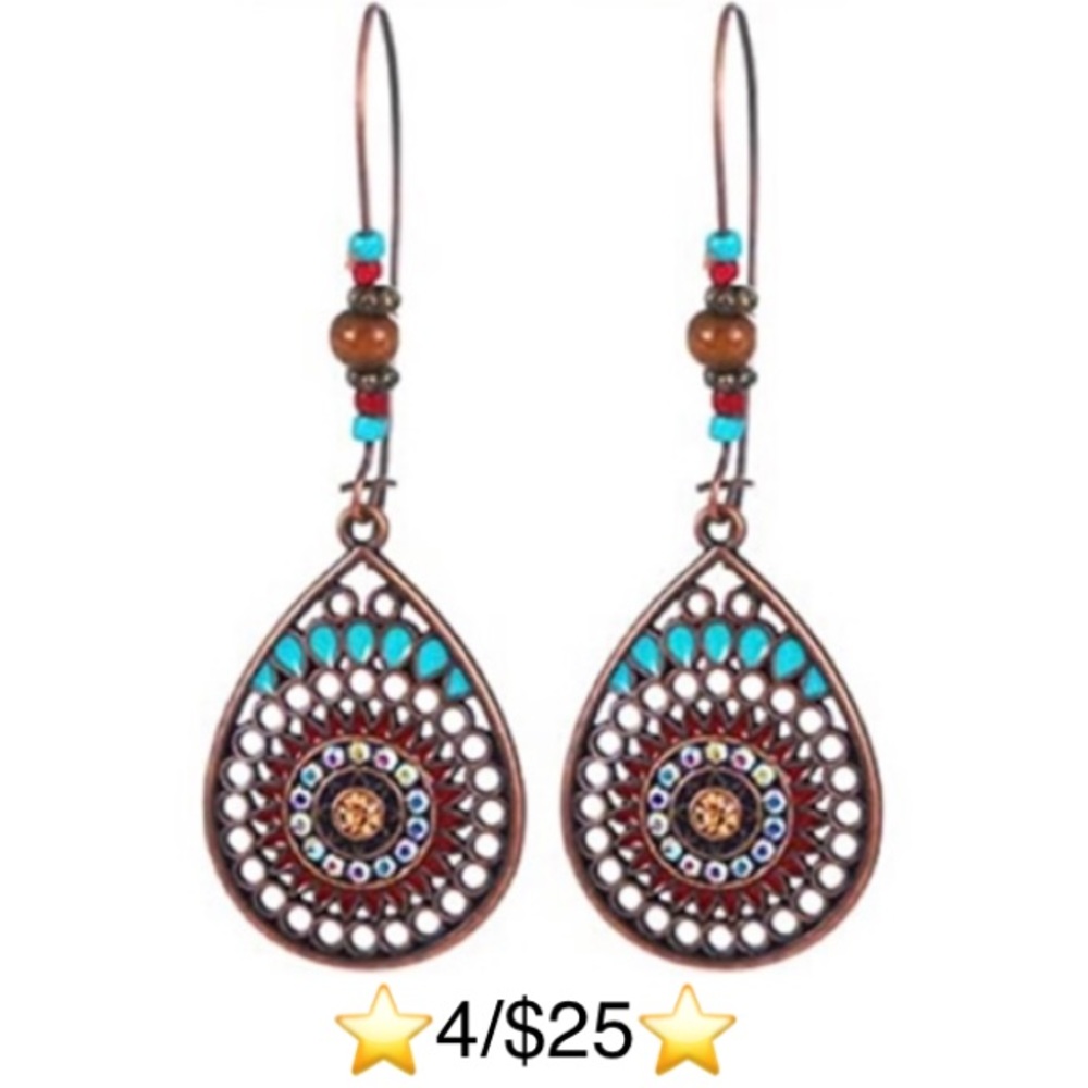 Dangling Bronze & Turquoise Beaded Teardrop Shaped Earrings
